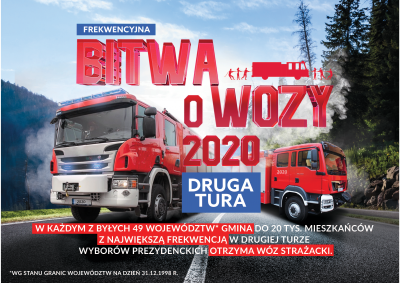 Grafika promująca drugą edycję akcji profrekwencyjnej MSWiA, na której widnieją dwa wozy ratowniczo-gaśnicze pędzące ulicą...