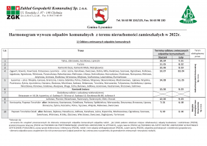 Harmonogram wywozu odpadów komunalnych w  2022 r.