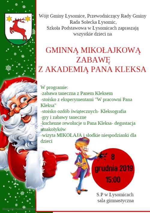 Plakat dotyczący Gminnej Mikołajkowej Zabawy z Akademią Pana Kleksa