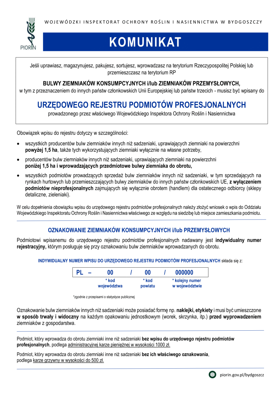 Komunikat dla podmiotów zajmujących się uprawą bulw ziemniaków konsumpcyjnych lub przemysłowych
