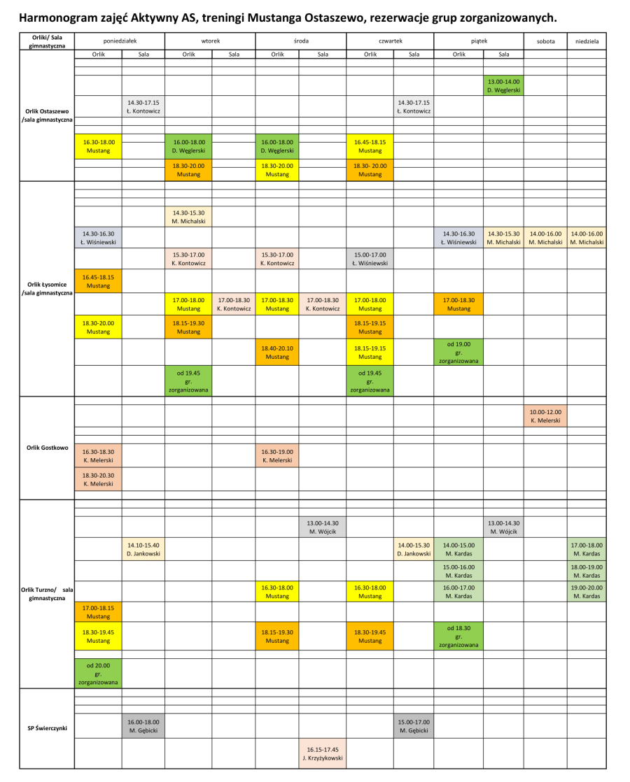 Harmonogram zajęć Aktywny AS, treningi Mustanga Ostaszewo, rezerwacje grup zorganizowanych - 2025 r.
